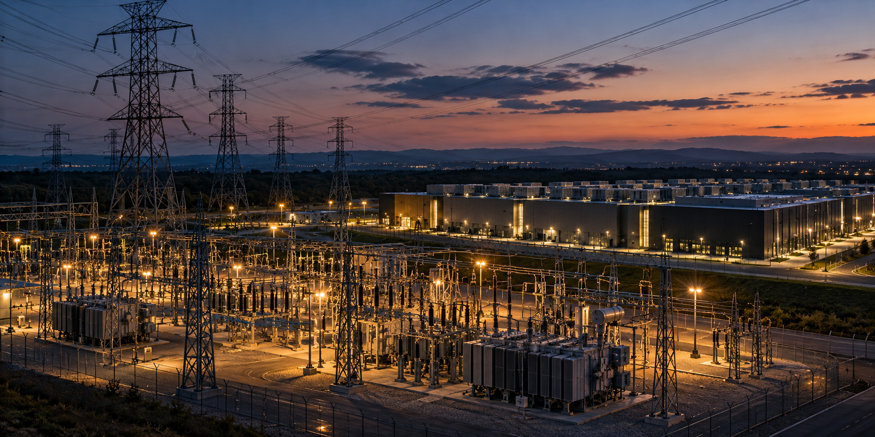 Conceptual illustration of a power substation and data center