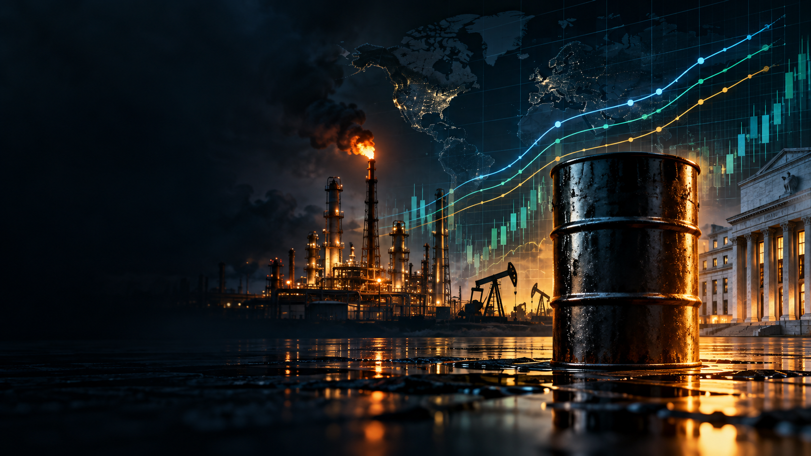 Conceptual editorial illustration of oil infrastructure and financial market curves
