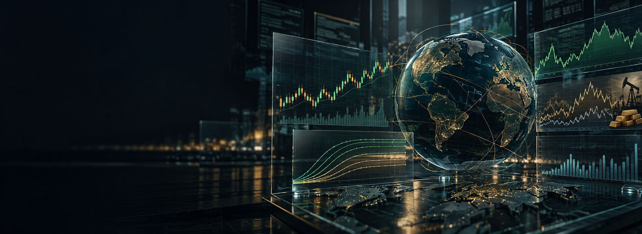 Editorial visualization of global equity, rates, and commodity markets