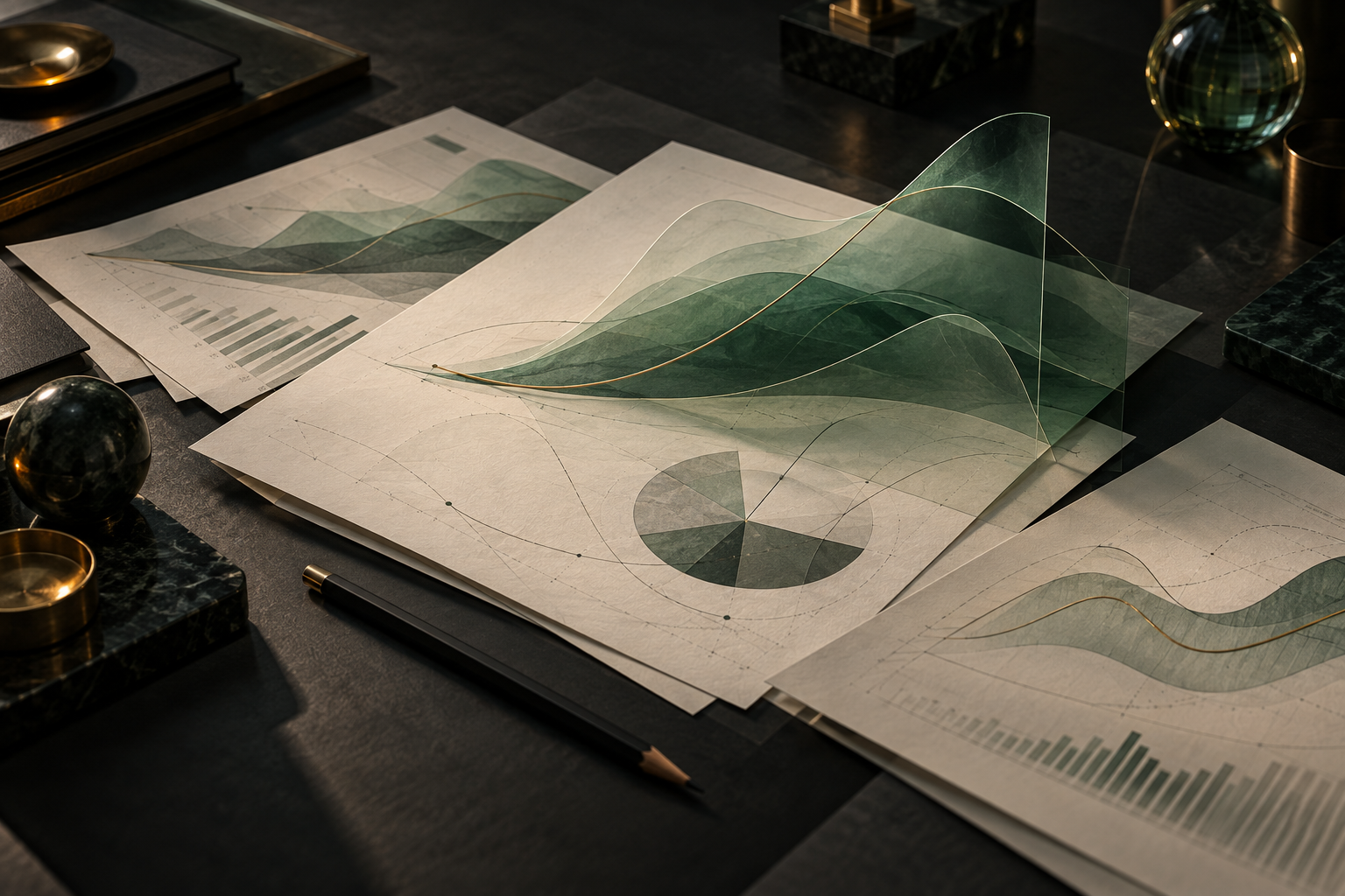 Editorial illustration of a macro research desk with market curves and portfolio notes