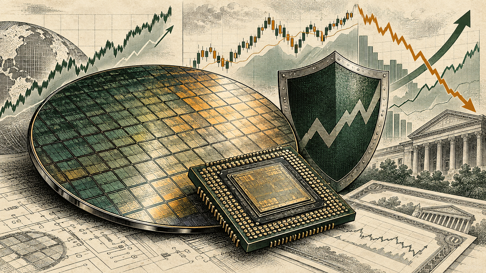 Editorial illustration of a semiconductor wafer, microchip, market charts, and a protective hedge